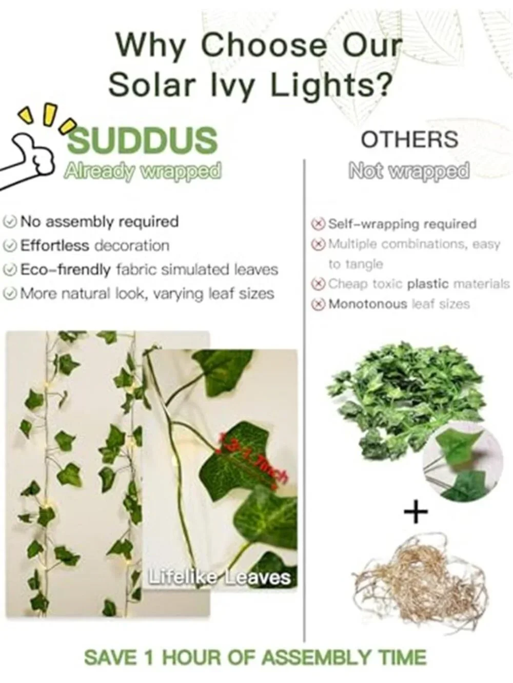 Solar Ivy String Lights 33FT LED Fairy Lights Green Vine Outdoor Garden Decor